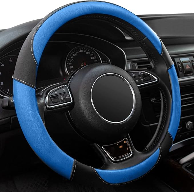 Black and Blue Microfiber Leather Steering Wheel Cover，Universal 15 inch Steering Wheel Covers for Car Truck SUV，Breathable, Anti Slip & Odor Free(Black+Blue)… by Xizopucy