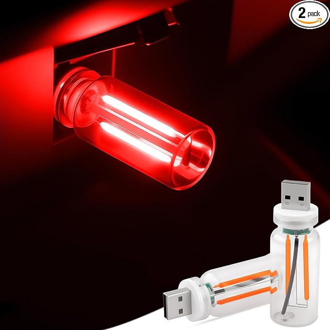 2Pcs Car USB Lights, Plug-in Retro Car Ambient Lighting Kit Dimmable, Red | Touch Adjustment Light, Portable Mini Glass Bottle LED Bulb Nightlights for Car Bedroom Hallway Camping Holiday Decoration by JINRUITOP