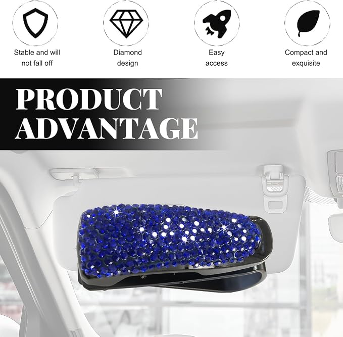 Wevdn 2 PCS Car Sun Visor Glasses Holder, Fashion Bling Car Eyeglasses Sunglasses Hanger for Women Girls, Glasses Holder Clip Hanger Mount with Ticket Card Clip, Car Accessories (Dark Blue) - Image 4