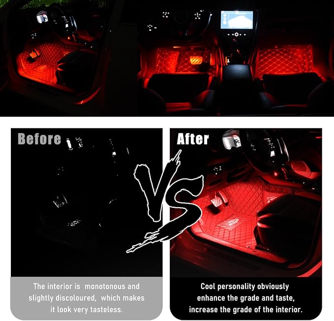 Wevdn Car Interior LED Strip Light, 12V 24 LED Waterproof Neon Ambient Night Light with USB Port, Automotive Atmosphere Decorative Under Dash Lighting Kit, Car Accessories (Red) - Image 5