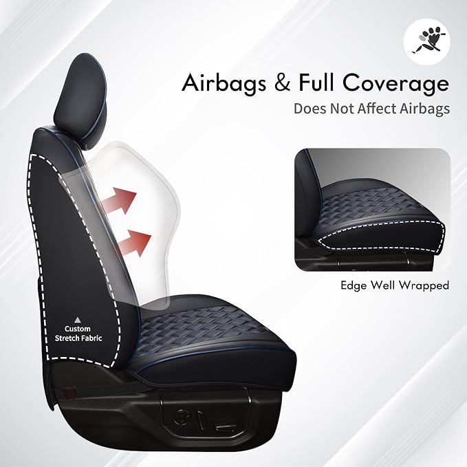 Huidasource Seat Covers for Chevy Silverado/GMC Sierra, Chevy Silverado 1500 Seat Covers, 1500 2007-2013&2019-2026, 2500HD 3500HD 2020-2026 Crew Double Extended Cab, Thickened Nappa Leather Black&Blue - Image 4