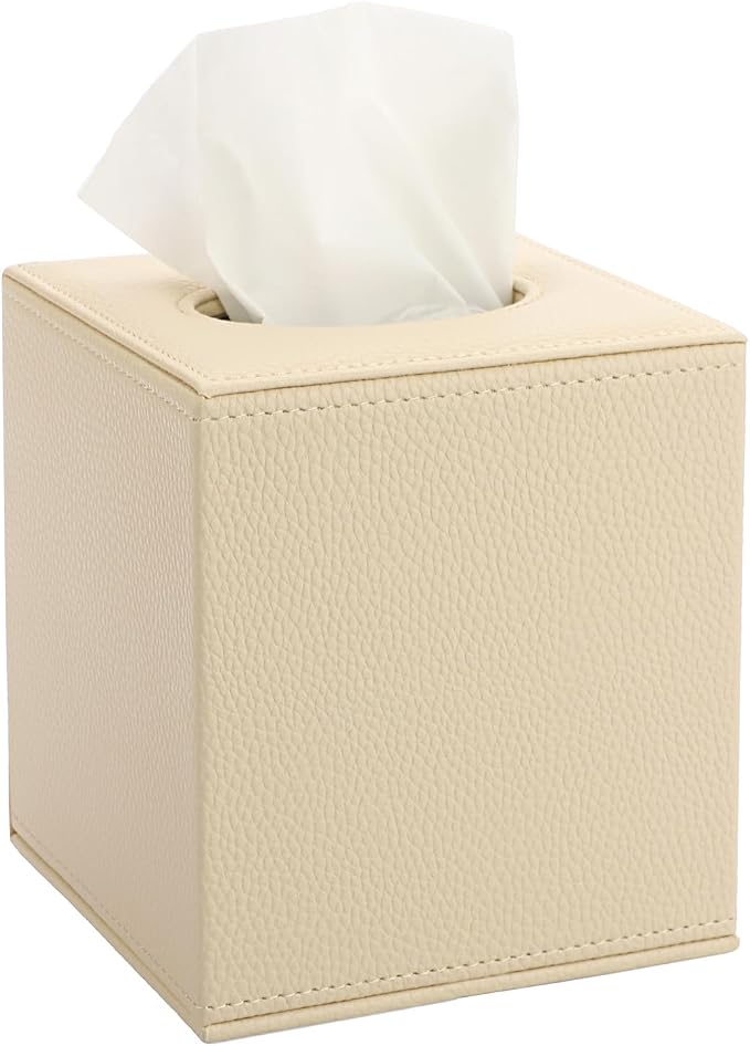 Sumnacon Tissue Box Cover Square,Magnetic Bottom PU Tissue Box Holder,Beige | Stylish Cube Leather Tissue Cover,Lychee Pattern, Decorative Tissue Box Covers for Living Room Bathroom Table Desk Office Car by Sumnacon