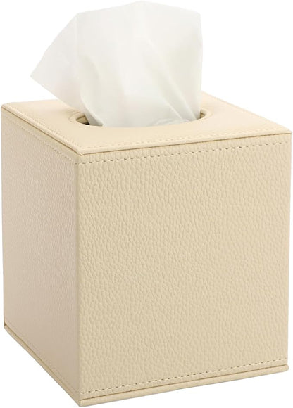 Sumnacon Tissue Box Cover Square,Magnetic Bottom PU Tissue Box Holder,Beige | Stylish Cube Leather Tissue Cover,Lychee Pattern, Decorative Tissue Box Covers for Living Room Bathroom Table Desk Office Car by Sumnacon