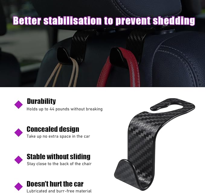 povtii 4 PCS Car Seat Headrest Hooks, Auto Backseat Organizer Hanger Holder, Vehicle Seat Back Storage Hooks for Purse Coat Umbrella Grocery Bag Handbag, Interior Car Accessories (Carbon Fiber) - Image 3