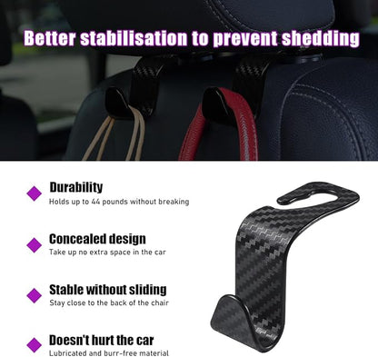 povtii 4 PCS Car Seat Headrest Hooks, Auto Backseat Organizer Hanger Holder, Vehicle Seat Back Storage Hooks for Purse Coat Umbrella Grocery Bag Handbag, Interior Car Accessories (Carbon Fiber) - Image 3