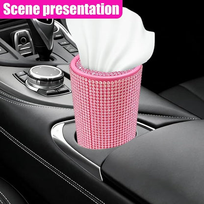 Craedli Bling Car Tissue Holder for Cup Holder, Sparkly Crystal Rhinestone Round Cylinder Car Tissue Box, Refillable Tissues Dispenser Auto Interior Paper Napkin Container with 1 Pack Tissues (Pink) - Image 6