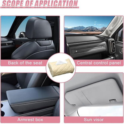 Car Tissue Holder, Soft PU Leather Auto Backseat Napkin Holder, Rectangle Hanging Tissue Box for 100-150 Standard Tissues, Universal Car Interior Storage & Organization Accessories (Beige) - Image 6