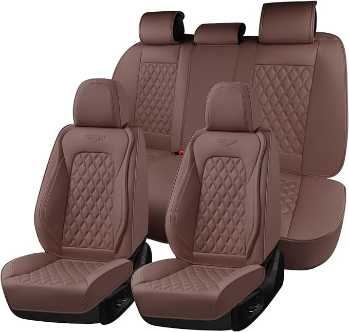 Coverado Full Set Car Seat Covers, Brown Leather Seat Protectors for Cars, Waterproof Luxury Front & Back Car Seat Covers, Universal Fit for Most Cars-Brown by COVERADOAUTO