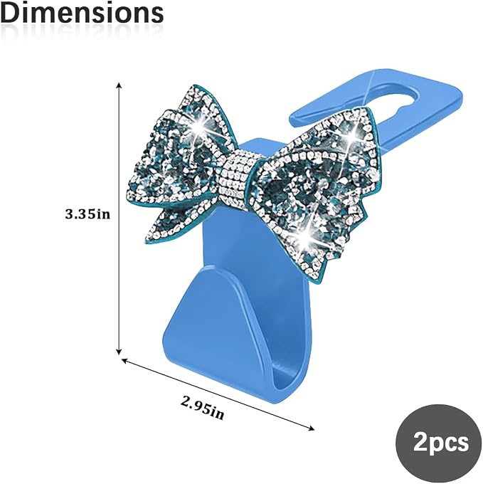 Zpana Bling Car Headreat Hook, 2PCS Crystal Rhinestone Cute Bow Vehicle Seat Back Hanger Storage for Purses Bags Grocery, Diamond Auto Rear Seat Organizer, Universal for SUV Truck Sedan (Light Blue) | PVC construction, rhinestone bow design, compact re... - Image 2