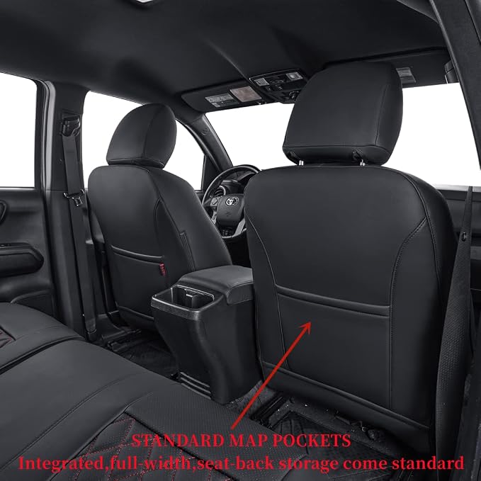 Tacoma Leather Seat Covers for 2016-2023 Toyota Tacoma Double Cab/Crew Cab SR,SR5,TRD Off Road,TRD Pro,TRD Sport Pickup,Fully Covered Waterproof Car Seat Protector (Full Set,Red/Black) - Image 3