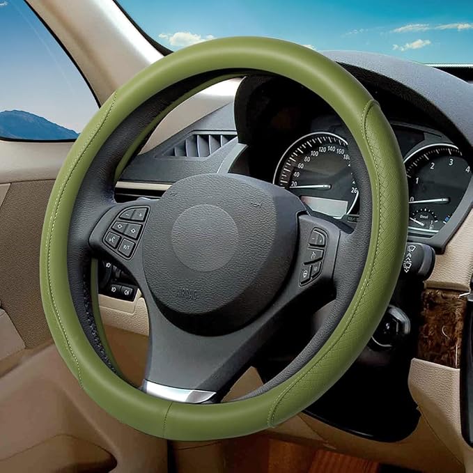 Steering Wheel Cover - Microfiber Leather with Classic Embossing, Anti-Slip Breathable Fit 15 Inch Wheel Protector (Green) by VARGTR