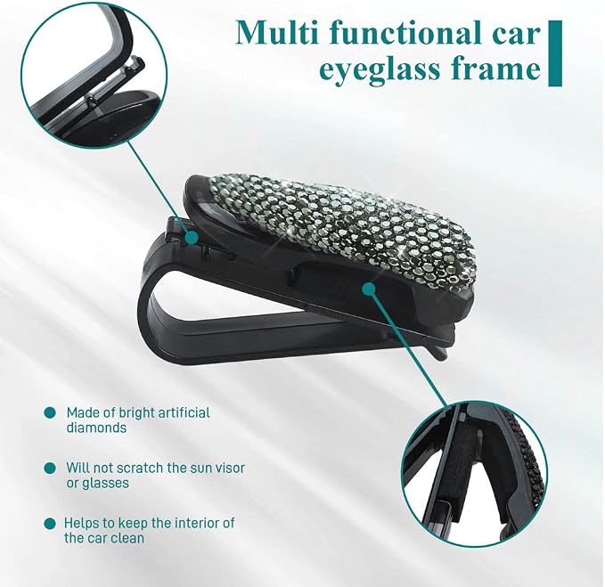 2PCS Glasses Holders for Car Sun Visor, Fashion Bling Crystal Rhinestones Car Eyeglasses Sunglasses Hanger Mount with Ticket Card Clip, Universal Vehicle Visor Accessories for Women Men (Bright black) - Image 6