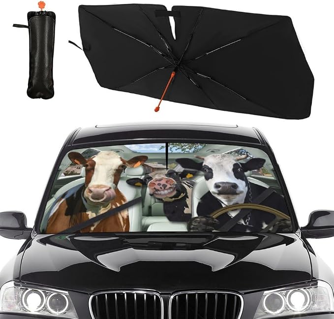 Socira Cow Car Windshield Sunshade Umbrella Foldable Cattle Umbrella | Driver Sun Shade Windshield Cover Funny Sunshade Cow Car Accessories Blocks Uv Rays Keeps Cool (57" X 30") by Socira