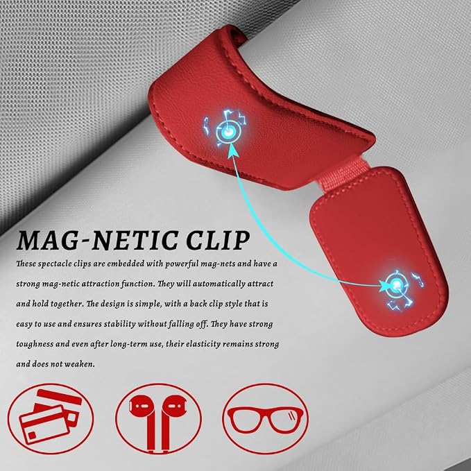 Sunglass Holder for Car, Car Sunglass Holder, Magnetic Leather Sunglasses Holder and Ticket Card Clip, Auto Multi-Functional Sun Visor Eyeglass Holders for SUV Pickup Truck (Red) - Image 5