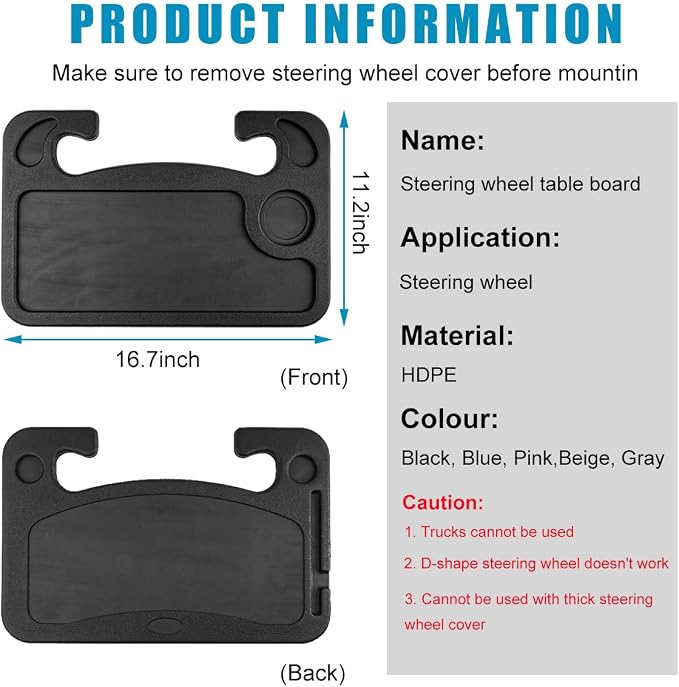 Car Steering Wheel Desk, Multifunctional Auto Seat Stand Trays for Eating and Working, Double Sided Design Steering Wheel Table Desk for Laptop, Food, Car Accessories (Black) - Image 2