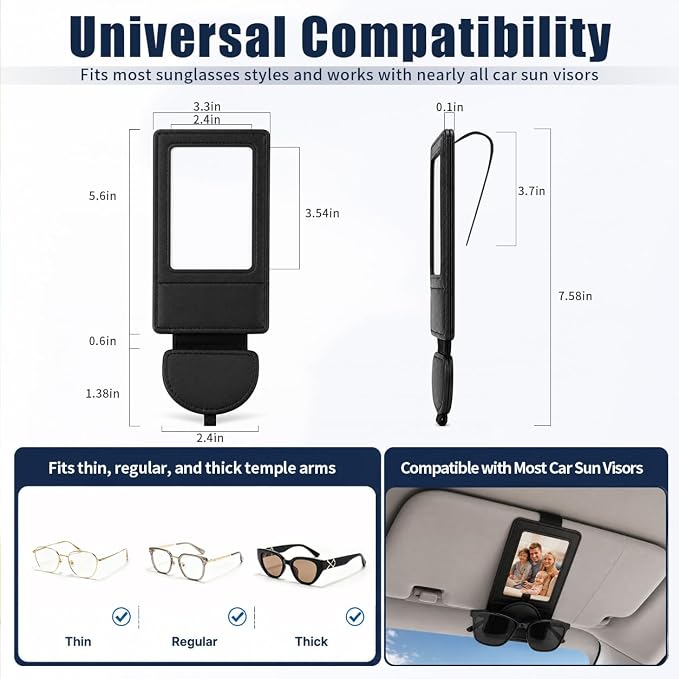 Car Visor Sunglasses Holder with Photo Frame, Magnetic Leather Clip - Image 5