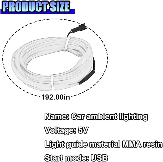 ZIMISI EL Wire Car Interior LED Strip Lights, Neon Light Strip (White) | 5V 16FT Car Ambient Lighting Decorations with Sewing Edge, USB Electroluminescent Car Interior Lights with Fuse Protection - Image 2
