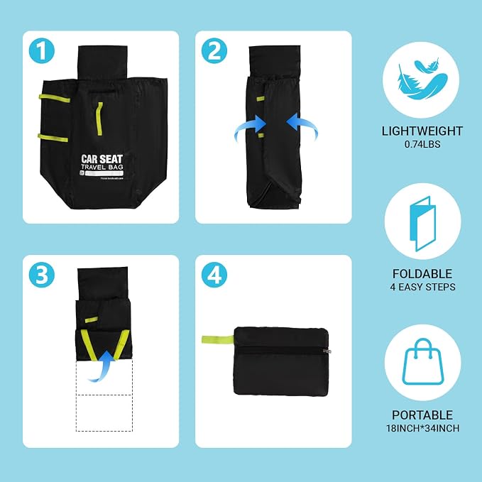 Foldable Car Seat Travel Bag, Zippered with Backpack Straps and Drawstring | Foldable zippered travel bag for car seat with backpack straps and drawstring closure. Compact for flight carry. - Image 4