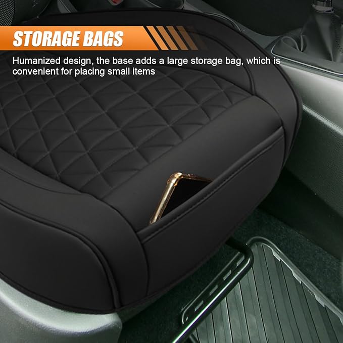 2PCS Luxury Faux Leather Car Seat Cover, Car Seats Cushion, Black | Anti-Slip Waterproof Universal Front Bottom Seat Protector with Storage Pocket for Sedans, SUVs, Trucks, Triangular Pattern - Image 4