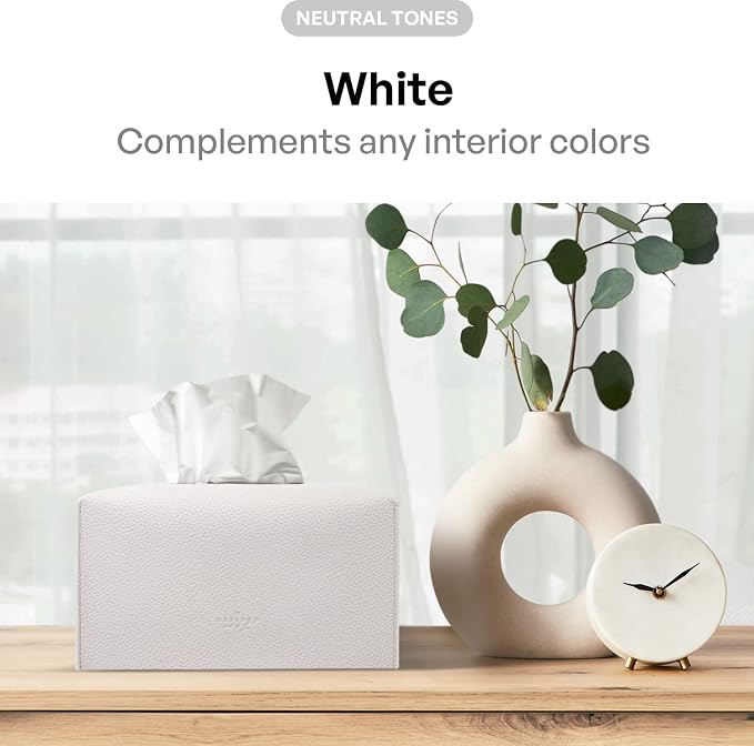 Carrotez Tissue Box Cover, [Refined] Modern PU Leather Rectangular Tissue Box Holder - Decorative Holder/Organizer for Bathroom Vanity Countertop, Night Stands, Office Desk 9.5"X5"X5" - White - Image 3