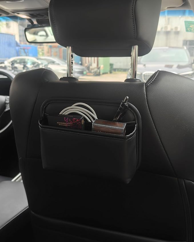 Car Seat Side Pocket Organizer for Car Doors and Consoles, Black | Reusable Adhesive Car Storage Bag, Holds phones keys wallet sunglass etc, Suitable for all vehicles, PU Leather - Image 5