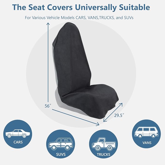 Towel Car Seat Covers - Super Absorbent Front Seat Protectors for Gym, Pets & Travel | Quick-Dry Towel Fabric | Universal Non-Slip Fit for Sedan, SUV, Truck (1 Pack Black) - Image 2