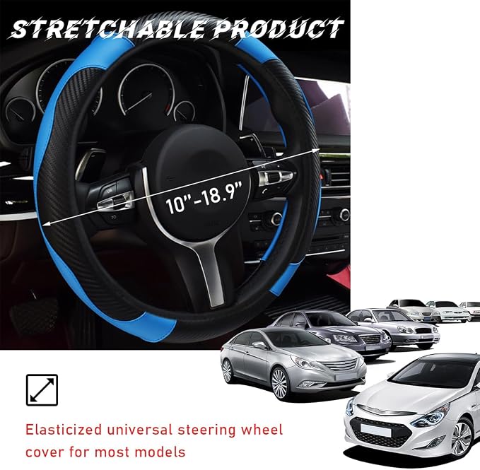 povtii Car Steering Wheel Cover, 15 Inch Leather Breathable Auto Steering Wheel Protector, Comfortable Non-Slip Vehicle Steering Wheel Covers, Universal Interior Car Accessories (Black+Blue) - Image 2