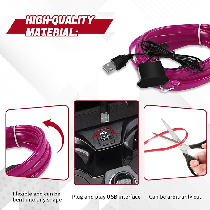 EL Wire Interior Car LED Strip Lights, 16.4FT RGB USB Neon Automotive Light Strip, Electroluminescent Vehicle Ambient Lighting Kit, Interior Decoration Car Accessories (Purple) - Image 5