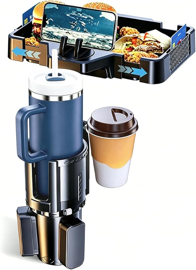 Car Cup Holder Tray, 10 Inch 4-in-1 Cup Holder Tray, 360° Rotating Drink Holder Expander with Detachable Food Tray & Phone Holder, Road Trip Essentials by EALRIDV