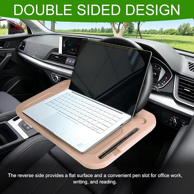 Car Steering Wheel Desk, Portable Car Tray, Durable Multi-Functional Travel Workstation with Cup Holder, Car Essentials Portable Laptop Tray & Eating Table for Most Vehicles Road Trip (Beige) - Image 5