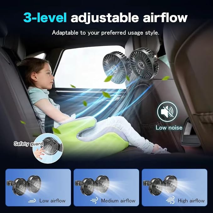 Car fan, portable USB powered dual head car cooling fan with 3-speed air speed and 360 ° rotation, car fan with adjustable clip, suitable for sedans, SUVs, RV trucks (black) - Image 2