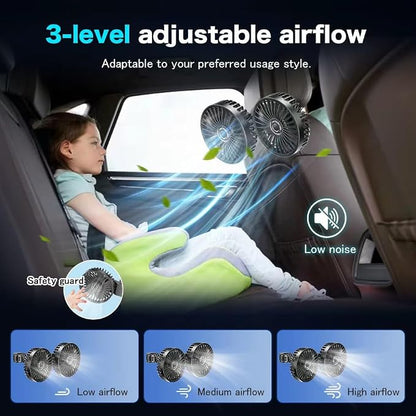 Car fan, portable USB powered dual head car cooling fan with 3-speed air speed and 360 ° rotation, car fan with adjustable clip, suitable for sedans, SUVs, RV trucks (black) - Image 2