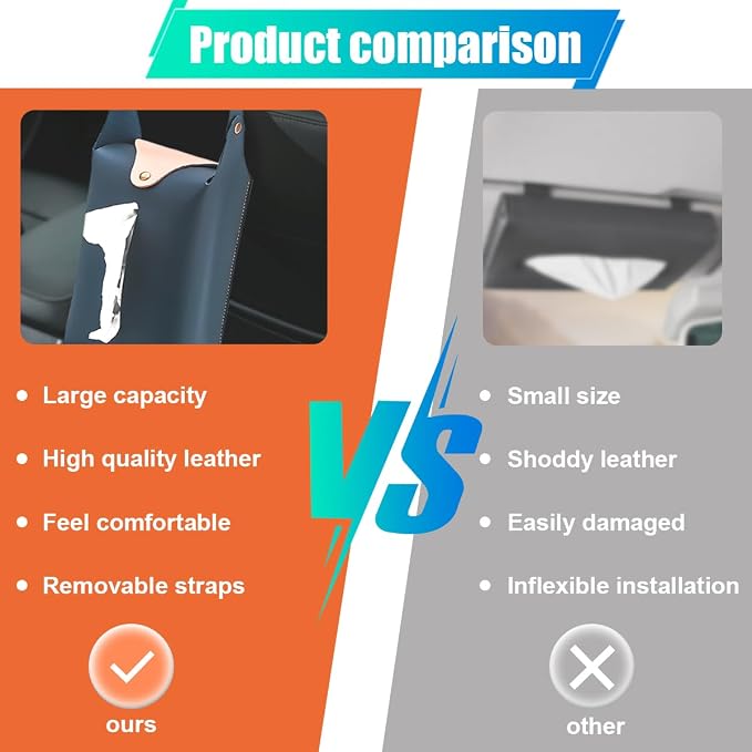 Car Tissue Holder, Large Car Headrest Hanging Tissue Box Cover, PU Leather Auto Napkin Holder, Universal Vehicle Backseat Paper Organizer for Cars Sun Visor (Blue) - Image 4