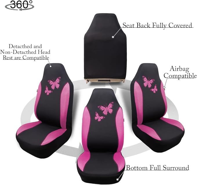 Flying Banner Butterfly car seat Covers ful Set Fashion Universal Lady Woman Female Rear Bench Split Colorized (2 Fronts, Pink) - Image 9