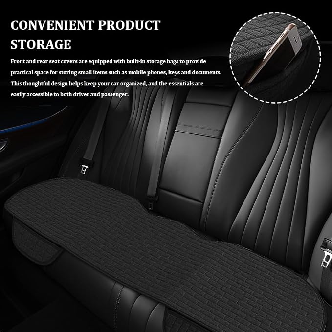Linen Car Back Seat Cover, Car Seat Bottom Covers Protectors, Anti-Slip Automotive Long Rear Seat Protectors with Storage Pocket, Seats Back Protector for Most Vehicles (Rear Seat/Black) - Image 4