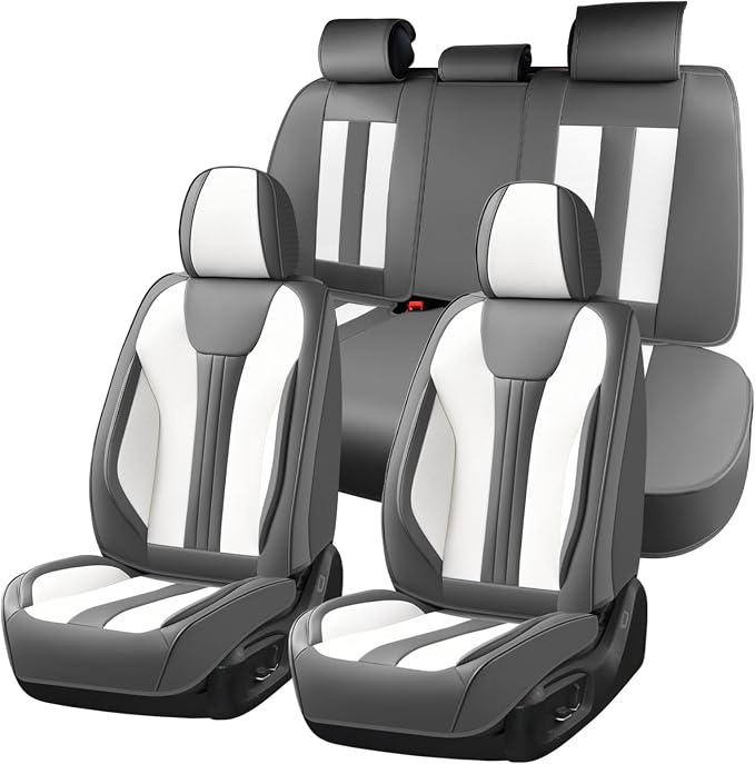 Huidasource Universal Car Seat Covers, Waterproof Faux Leather, Airbag Compatible, Easy Install, Preserve Cup Holders and Seat Functions, Great for Daily & Outdoor Use, Gray & White by Huidasource