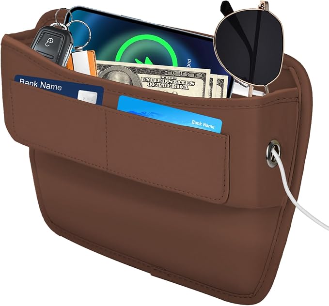 Car Seat Gap Filler Organizer with Card Holder, Leather Center Console Side Seat Gap Storage Box, Automotive Seat Organizer with Pocket for Glasses Phone Card, Car Accessories (Brown) by Hbxdeco