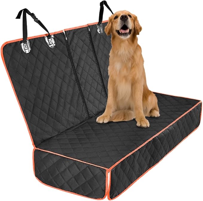 BESULEN Dog Car Seat Cover Waterproof Back Seat Protector Orange Edge | Oxford cloth with grid texture, buckle strap setup, anchor support, fits most cars, SUVs, and trucks, car accessories by BESULEN