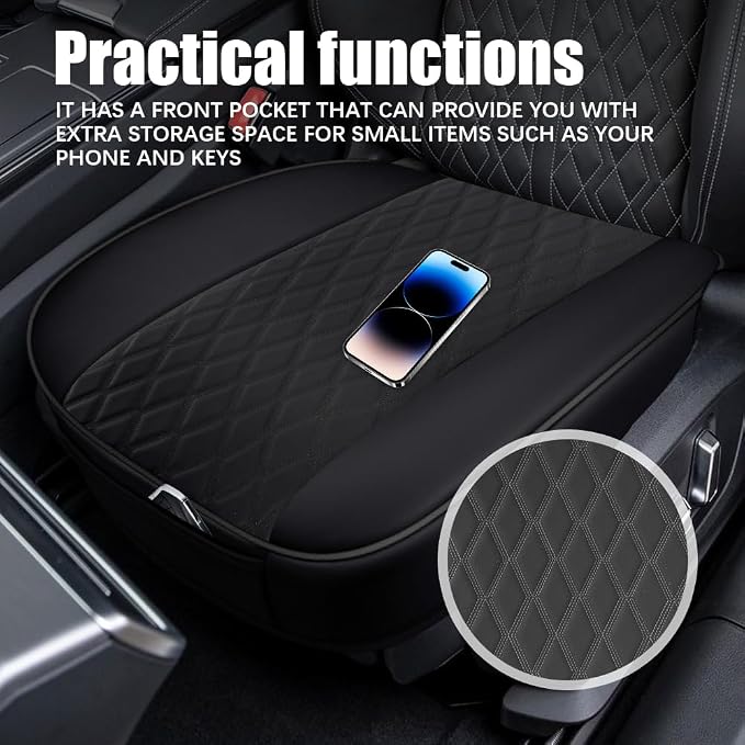 Leather Front Car Seat Cover, Anti-Slip Car Seat Bottom Covers, Full Wrapped Bottom Seat Protectors with Storage Pocket, Universal Comfortable Seat Cushion Fit Vehicles SUVs Trucks (Black) - Image 3