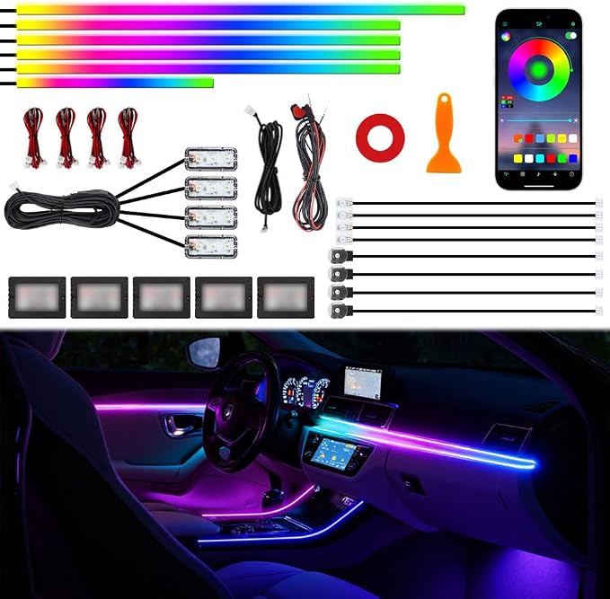 Acrylic Interior Car Ambient Lighting Kits, LED Strip Lights with Wireless APP, Neon Fiber Optic Lights Function LED Strip for Car with Music Modes (18 in 1) by Unknown