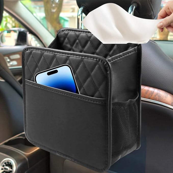 Mandark PU Leather Car Seat Back Organizer, Black | Three-pocket layout with clear panel, elastic strap installation, fits most cars, SUVs, and trucks, car interior accessories - Image 3