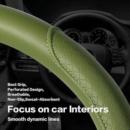 Steering Wheel Cover - Microfiber Leather with Classic Embossing, Anti-Slip Breathable Fit 15 Inch Wheel Protector (Green) - Image 2