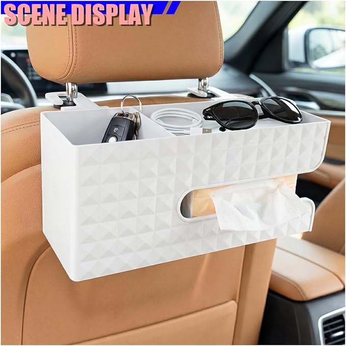 Car Back Seat Organizer, Automotive Drink Cup Holder with Hooks, Multifunctional Tissue Storage Box with Phone Holder, Vehicle Interior Organizer Accessories for Sedan, SUV, Truck (White) - Image 6