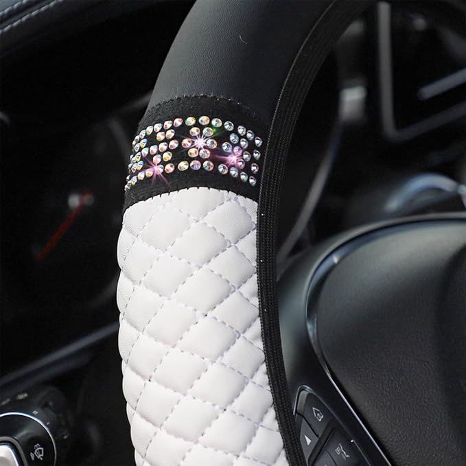 Osilly 15 Inch Rhinestone Leather Steering Wheel Cover, White | breathable non-slip surface, flexible ringless design, hand-stretch setup, fits matching rim sizes, automotive accessories - Image 4