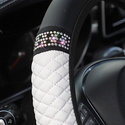 Osilly 15 Inch Rhinestone Leather Steering Wheel Cover, White | breathable non-slip surface, flexible ringless design, hand-stretch setup, fits matching rim sizes, automotive accessories - Image 4