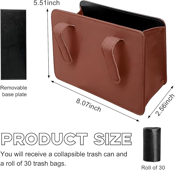Yourkar Car Trash Can, Foldable Waterproof Leather Car Garbage Organizer Holder, Automotive Mini Dustbin Container with One Roll Trash Bag, Universal Interior Car Accessories (Brown) - Image 2