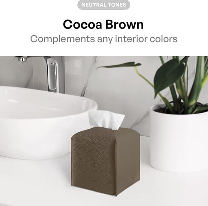 Carrotez Tissue Box Cover, [Refined] Modern PU Leather Square Tissue Box Holder - Decorative Holder/Organizer for Bathroom Vanity Countertop, Night Stands, Office Desk & Car 5"X5"X5" - Cocoa Brown - Image 3