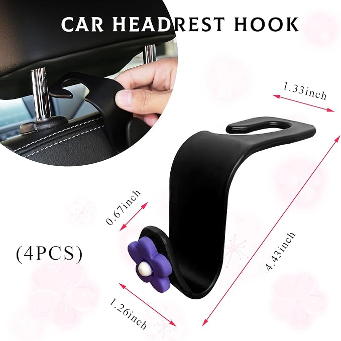 Yourkar 4 PCS Car Seat Headrest Hook, Plastic Headrest Hooks with Adhesive Flower, Auto Back Seat Hanger Storage Hook for Grocery Bag Purse Handbag Umbrella, Car Accessories (Purple) - Image 2