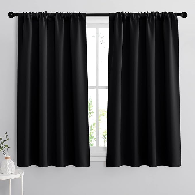 RYB HOME 54 inch Blackout Curtains for Living Room Bedroom, Rod Pocket | Thermal Insulated, Room Darkening, Temperature Balance, Shades for Studio Dorm Rental Room, W42 x L54, Black, 2 Panels by RYBHOME