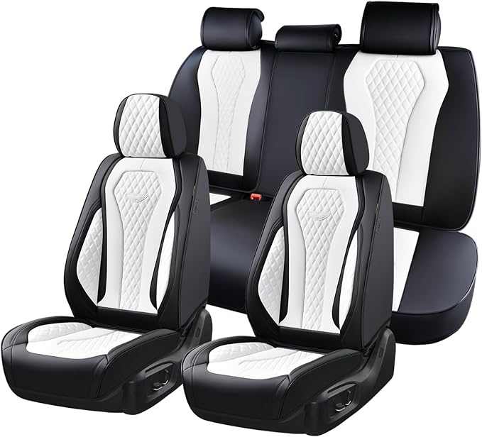 Coverado Seat Covers, Car Seat Covers Full Set, White Car Seat Cover, Auto Seat Covers Front Seats Rear Seat Cover, Luxury Car Seat Cushion,Leather Seat Cover Seat Protector Universal Fit Most Cars by COVERADOAUTO